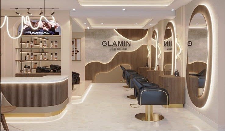 Row of lit mirrors on the styling floor at Glamin Salon