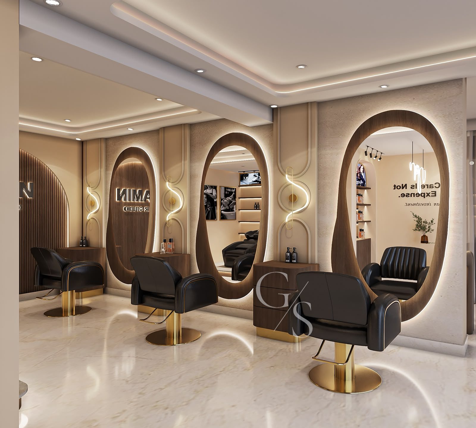 Inside a Glamin Unisex Salon, showing the styling stations and mirrors
